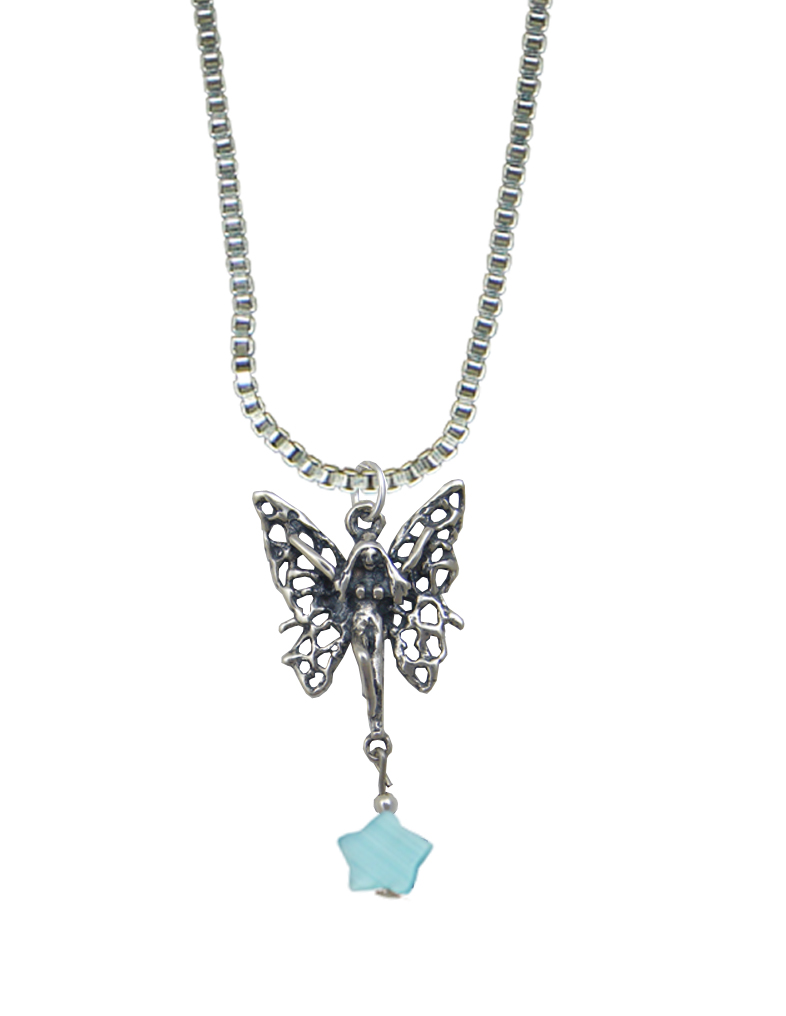 Sterling Silver Filigree Happy Butterfly Fairy Pendant With Lucky Blue Star